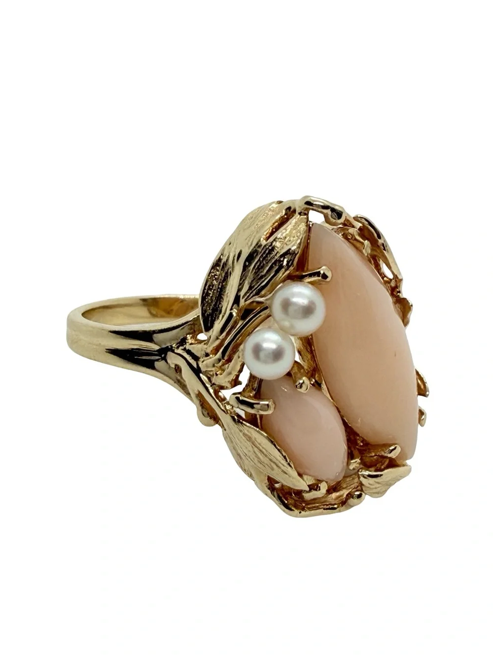 Vintage Solid 14K Gold Angel Skin Coral Pearl Cocktail Ring 1960s